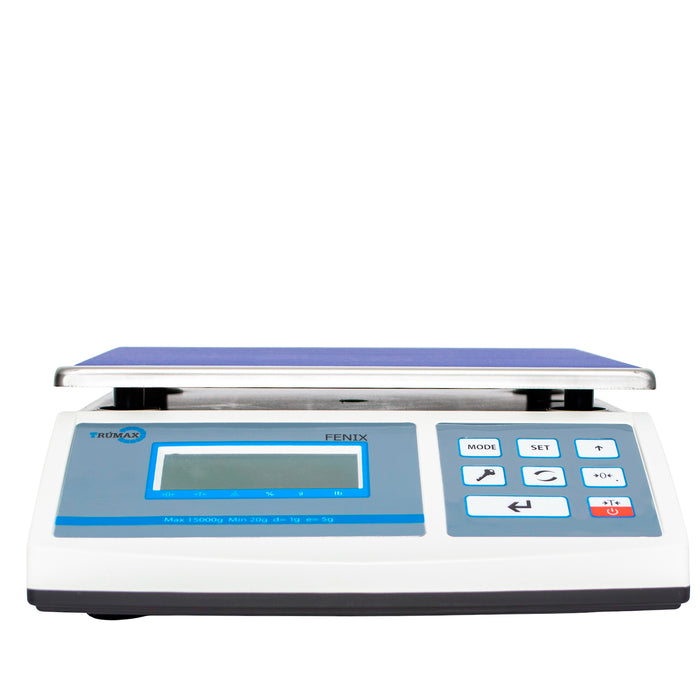 Balanza de Mesa Electrónica Solo Peso FENIX. cambio de unidades entre gramos y libras, peso porcentual, conteo de piezas por muestra, límites de peso.