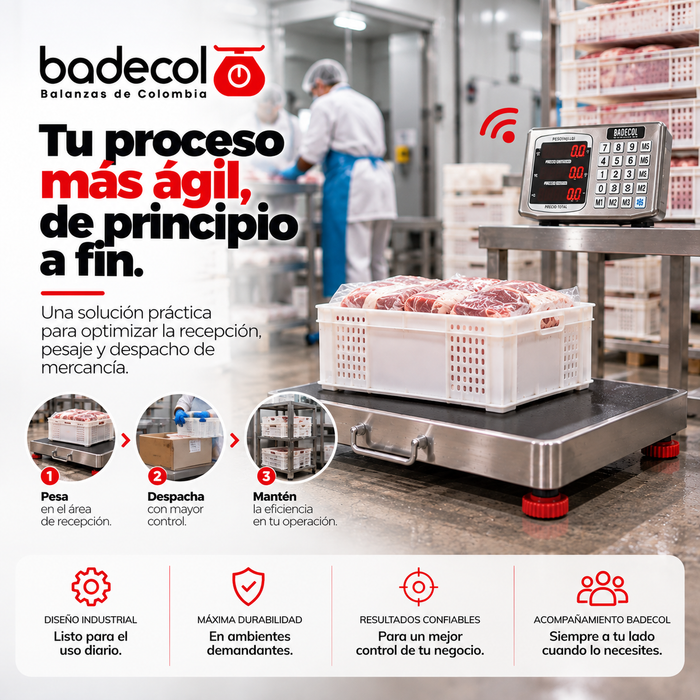 La bascula electrónica inalámbrica badecol es ideal para pesar paquetes de tamaño mediano, de mayor uso en el área industrial, dado que por su tamaño y capacidad, favorece el recibo o despacho de mercancía en medianas cantidades o pesos.