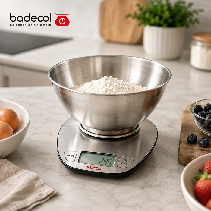 La Gramera Badecol EK 4350, esta construida en acero inoxidable con bowl removible, pantalla LCD de fácil lectura, ideal para personas o negocios que necesitan la mejor asepsia en sus preparaciones o elementos para pesar, medidora de volumen de leche y agua.