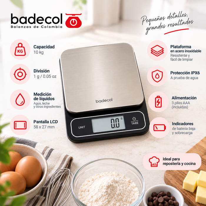 La balanza digital EK 2407H, es una herramienta versátil y precisa, ideal para cocinas profesionales, repostería, cafeterías y laboratorios.

Fabricada con una resistente plataforma de acero inoxidable con acabado antihuellas, esta báscula incluye función de medición de líquidos (agua y leche), su diseño cuenta con certificación IPX6 a prueba de agua, lo que la hace perfecta para ambientes exigentes.