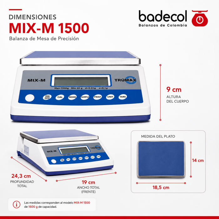Balanza de Mesa Electrónica MIX-M1500,  8 unidades de medición, peso porcentual, conteo de piezas por muestra, límites de peso.