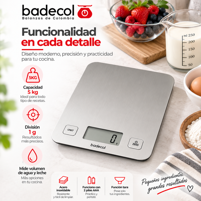 La Balanza Gramera Digital BADECOL EK-8810 combina precisión, diseño y facilidad de uso para ayudarte a controlar mejor las cantidades en cada preparación.

Cuenta con capacidad de hasta 5 kg y división de 1 g, ideal para pesar ingredientes, controlar porciones y preparar recetas de cocina, repostería y panadería. Su superficie en acero inoxidable ofrece un acabado moderno, resistente y fácil de limpiar.

Además, permite medir el volumen de agua y leche, convirtiéndose en una herramienta práctica para difer