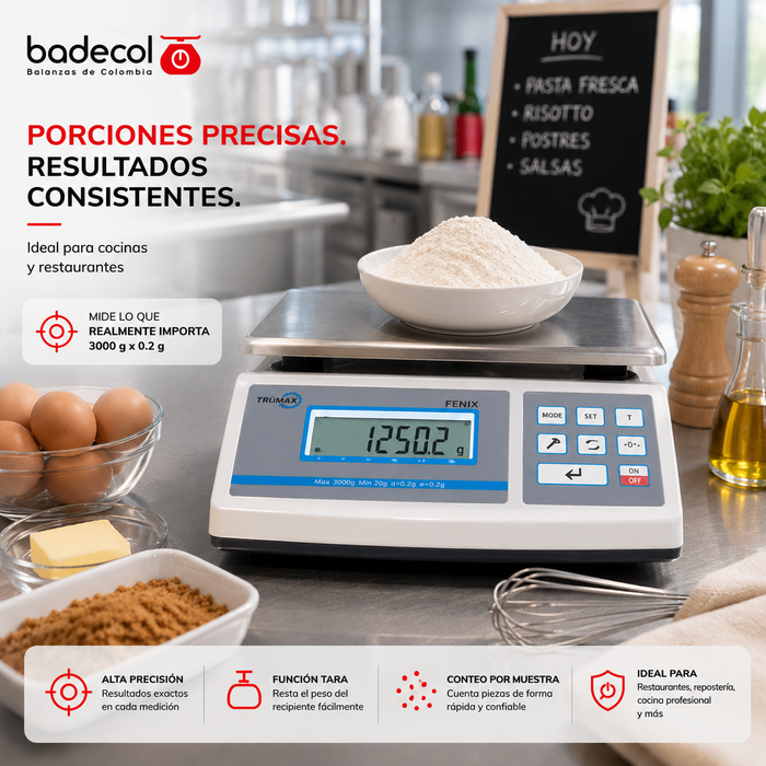 Balanza de Mesa Electrónica Solo Peso FENIX. cambio de unidades entre gramos y libras, peso porcentual, conteo de piezas por muestra, límites de peso.