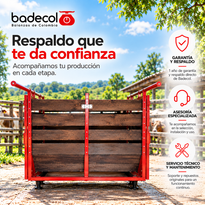 Bascula electronica para animales con encierro, ganadera. La bascula ganadera electrónica badecol, es ideal para pesar bovinos y reses de gran tamaño. La Báscula esta soportada sobre 4 sensores o celdas de carga, con cerramiento en corral de madera de alta durabilidad.