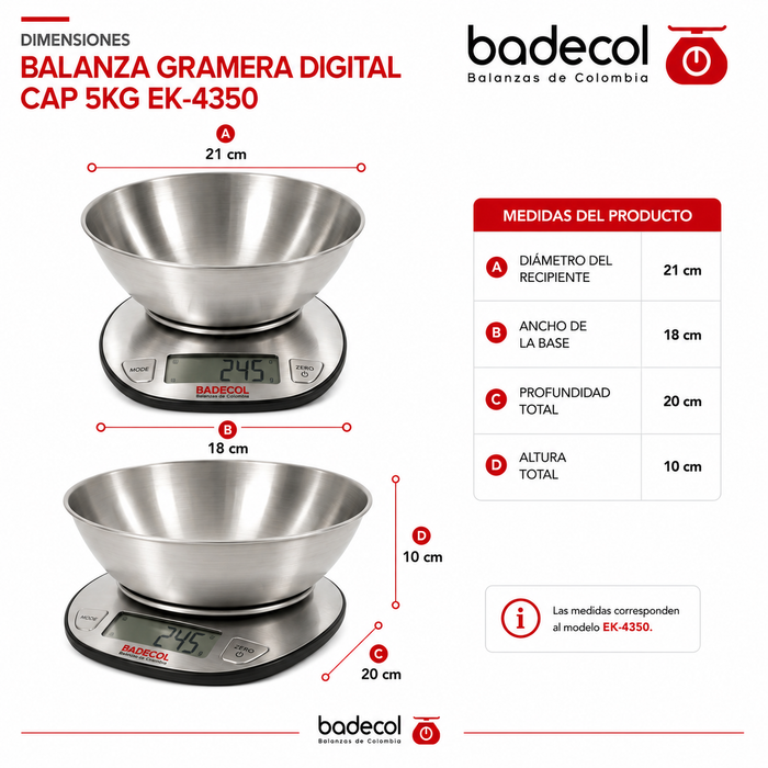 Balanza Gramera Digital Badecol CAP 5KG EK-4350, esta construida en acero inoxidable con bowl removible, pantalla LCD de fácil lectura, ideal para personas o negocios