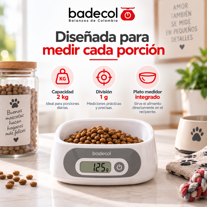 Balanza gramera digital para mascotas Badecol, ideal para medir la cantidad exacta de alimento de perros y gatos de forma práctica, rápida y confiable.

Su diseño tipo plato medidor permite controlar mejor las porciones diarias de comida, evitando excesos, desperdicios y ayudando a mantener una rutina de alimentación más organizada para tu mascota.
