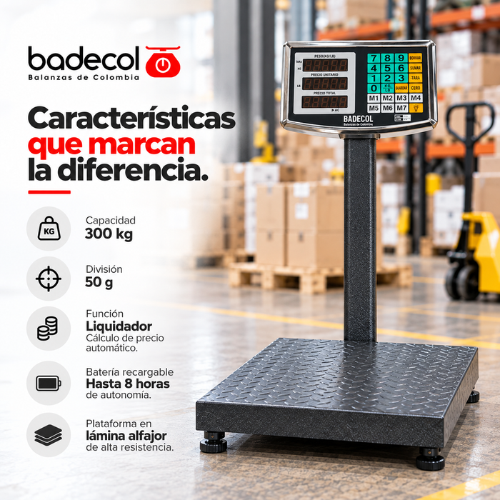Bascula Balanza Ideal para pesar paquetes de tamaño mediano, es utilizada con mayor frecuencia en el área industrial, ya que por su tamaño y capacidad para pesar, favorece el recibo o despacho de mercancía en medianas cantidades o pesos. Cuenta con estructura reforzada y cubierta en lámina alfajor. Su fácil manejo y precisión son características que permiten que esta báscula trabaje en ambientes comerciales e industriales