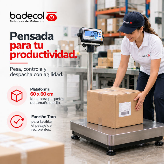 Bascula Balanza Ideal para pesar paquetes de tamaño mediano,  utilizado con mayor frecuencia en el área industrial, ya que por su tamaño y capacidad, favorece el recibo o despacho de mercancía en medianas cantidades o pesos.  Cuenta con estructura tubular pintada y cubierta en acero inoxidable, celda de carga mono bloque y topes para sobrecarga