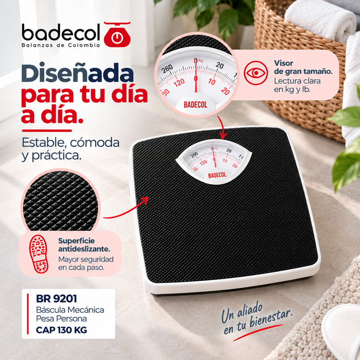 Balanza Bascula pesa persona Badecol BR9201, Las básculas pesa personas analogas de grado medico y de funcionamiento mecánico son una herramienta esencial en todo tipo de entorno médico.