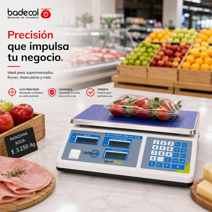 Bascula Balanza liquidadora marca Trumax, disponible en versión plana con batería recargable, capacidad máxima:15/30kg, división de escala 5/10g, con certificación OIML, homologada para metrología legal en Colombia, cumplen resolución 77506 de la Superintendencia de industria y comercio.