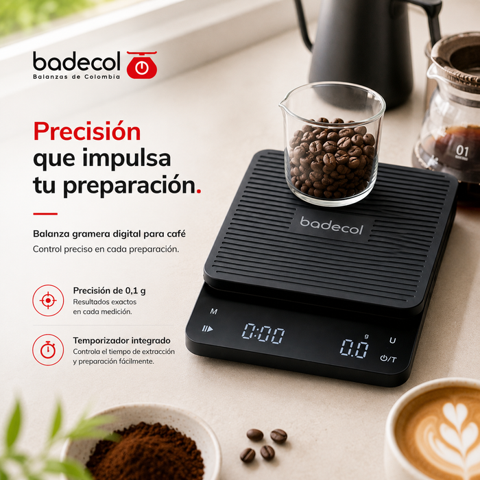 Balanza gramera digital para café con temporizador, ideal para preparar espresso, café filtrado, métodos manuales, repostería fina y pesajes de alta precisión.

Su división de 0.1 g permite controlar con mayor exactitud la cantidad de café, agua o ingredientes, mientras que su temporizador integrado ayuda a medir tiempos de extracción y preparación.

Ideal para: cafeterías, baristas, café de especialidad, métodos filtrados, espresso, repostería, cocina gourmet y uso en laboratorio.