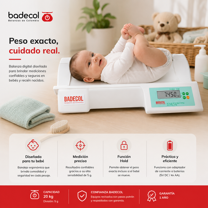 Balanza digital pesa bebé Badecol de 20 kg, diseñada para medir el peso de bebés y neonatos de forma práctica, precisa y confiable en consultorios, clínicas, hospitales, pediatría, salas de maternidad y centros de salud.

Su sistema digital permite obtener mediciones rápidas y claras, mientras que su bandeja con topes laterales brinda mayor seguridad y estabilidad durante el pesaje del bebé.

Ideal para: consultorios pediátricos, clínicas, hospitales, salas de maternidad, centros de salud, pediatría 