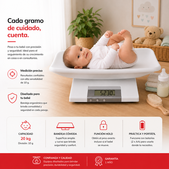 Balanza digital pesa bebé MS3500 de 20 kg, diseñada para el control de peso de bebés e infantes en consultorios pediátricos, clínicas, hospitales, salas de maternidad y centros de salud.

Su sistema electrónico permite obtener mediciones rápidas y confiables, mientras que su bandeja cómoda y extraíble facilita el pesaje del bebé acostado o del infante de pie, según la necesidad de atención.

Ideal para: pediatría, consultorios médicos, clínicas, hospitales, centros de salud, salas de maternidad.