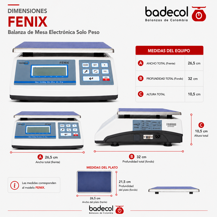 Balanza de Mesa Electrónica Solo Peso FENIX. cambio de unidades entre gramos y libras, peso porcentual, conteo de piezas por muestra, límites de peso.