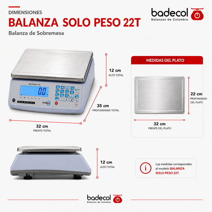 La balanza solo peso cuenta con configuración y ajuste por teclado, visualización de peso neto y bruto, conteo por muestra, ingreso de tara por teclado y cuenta hasta 9999 acumulaciones de peso o conteo.
