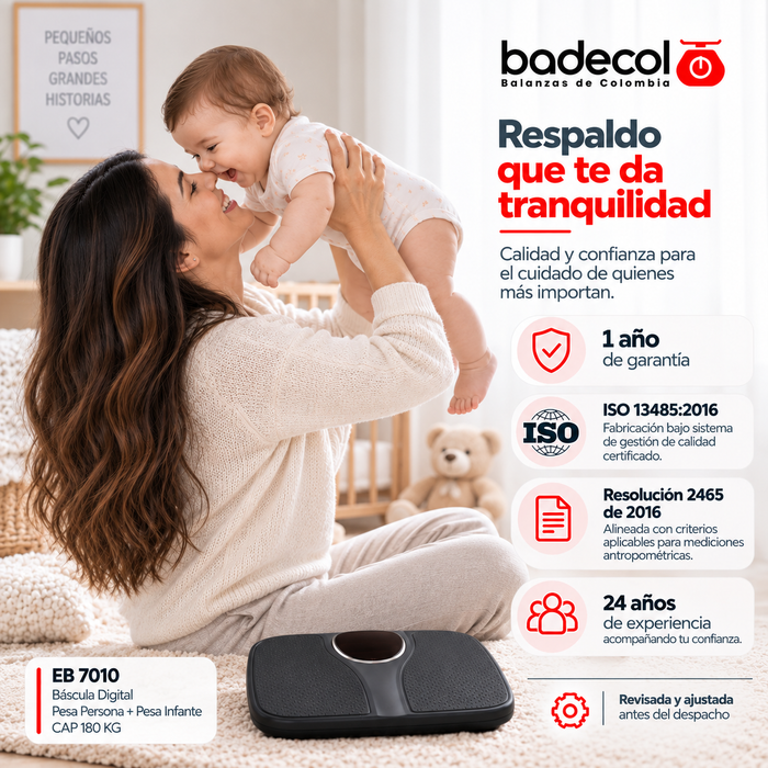 Bascula Balanza Badecol que Por su modelo, capacidad y facilidad de manejo, este modelo es uno de los más atractivos para Pesar a la madres y sus infantes o bebes en consultorios, hospitales, centros médicos, entre otras entidades de salud. Ideal para Seguimiento de peso para personas. Fácil de usar. Fácil de transportar gracias a su peso y material de fabricación en plástico, especialmente diseñada para uso médico o del hogar.