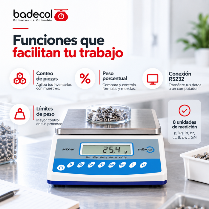 Balanza de Mesa Electrónica MIX-M1500,  8 unidades de medición, peso porcentual, conteo de piezas por muestra, límites de peso.
