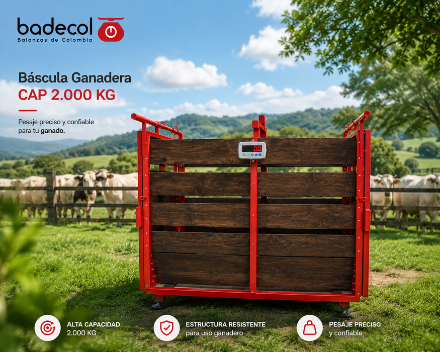 Bascula electronica para animales con encierro, ganadera. La bascula ganadera electrónica badecol, es ideal para pesar bovinos y reses de gran tamaño. La Báscula esta soportada sobre 4 sensores o celdas de carga, con cerramiento en corral de madera de alta durabilidad.
