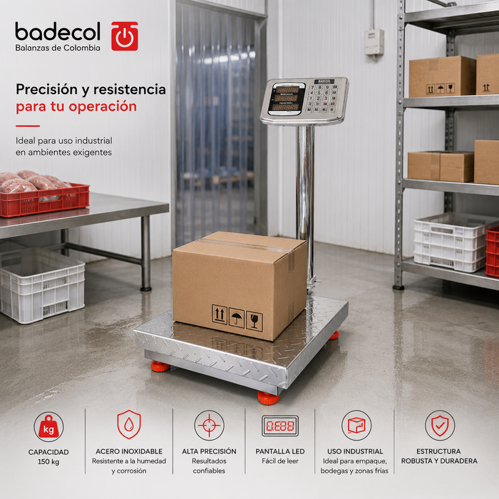 La bascula de piso industrial Badecol, cuenta con estructura reforzada y cubierta en Acero Inoxidable. Su fácil manejo y precisión son características que permiten que esta báscula trabaje en ambientes comerciales e industriales.