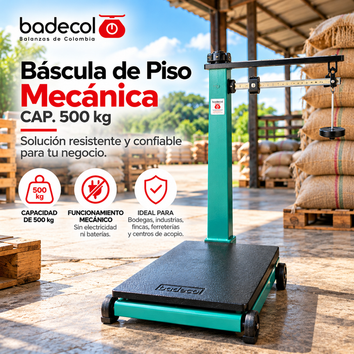 Las básculas de piso o de plataforma mecánicas, son las balanzas más comerciales y solicitadas en los mercados mayoristas, por su practicidad, calidad de materiales, durabilidad, resistencia a grandes pesos y trabajos extremadamente rudos.   La báscula Mecánica tiene una estructura solida por su fabricación en hierro fundido, y es fácil de trasladar de un lugar a otro, dado que cuenta con 4 llantas de apoyo.