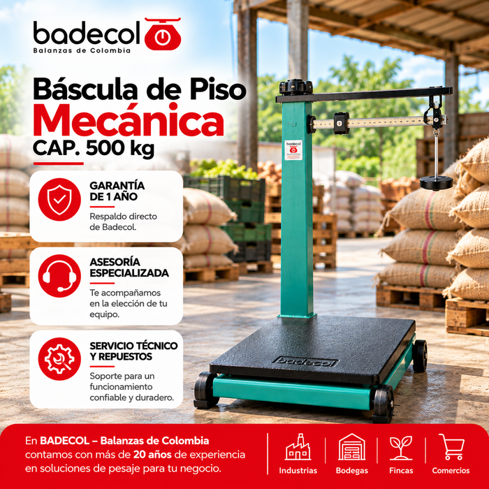 Las básculas de piso o de plataforma mecánicas, son las balanzas más comerciales y solicitadas en los mercados mayoristas, por su practicidad, calidad de materiales, durabilidad, resistencia a grandes pesos y trabajos extremadamente rudos.   La báscula Mecánica tiene una estructura solida por su fabricación en hierro fundido, y es fácil de trasladar de un lugar a otro, dado que cuenta con 4 llantas de apoyo.