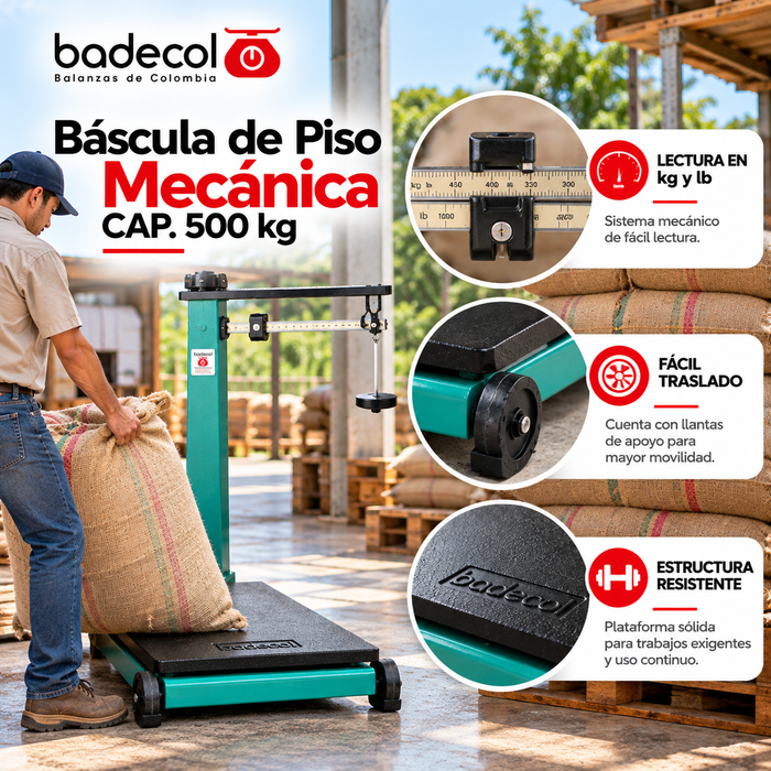 Las básculas de piso o de plataforma mecánicas, son las balanzas más comerciales y solicitadas en los mercados mayoristas, por su practicidad, calidad de materiales, durabilidad, resistencia a grandes pesos y trabajos extremadamente rudos.   La báscula Mecánica tiene una estructura solida por su fabricación en hierro fundido, y es fácil de trasladar de un lugar a otro, dado que cuenta con 4 llantas de apoyo.