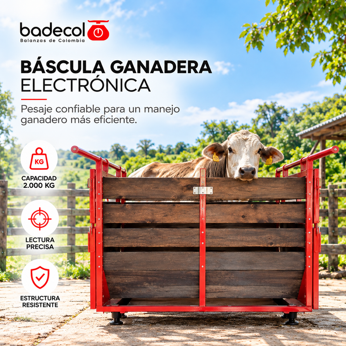 Bascula electronica para animales con encierro, ganadera. La bascula ganadera electrónica badecol, es ideal para pesar bovinos y reses de gran tamaño. La Báscula esta soportada sobre 4 sensores o celdas de carga, con cerramiento en corral de madera de alta durabilidad.