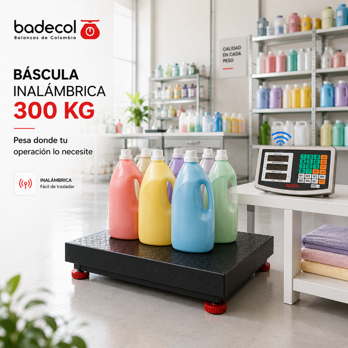 Báscula Inalámbrica Industrial 300KG Badecol,  es ideal para pesar paquetes de tamaño mediano, de mayor uso en el área industrial, dado que por su tamaño y capacidad, favorece el recibo o despacho de mercancía en medianas cantidades o pesos.