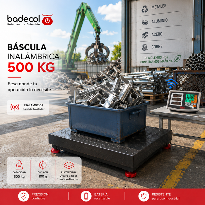 Báscula Inalámbrica Industrial 500KG Badecol,  es ideal para pesar paquetes de tamaño mediano, de mayor uso en el área industrial, dado que por su tamaño y capacidad, favorece el recibo o despacho de mercancía en medianas cantidades o pesos.