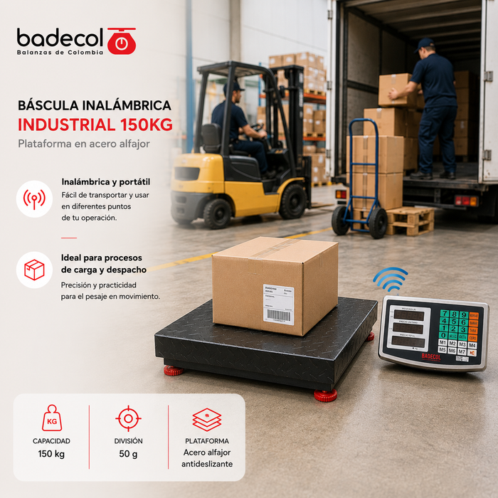 Báscula Inalámbrica Industrial 150KG Badecol,  es ideal para pesar paquetes de tamaño mediano, de mayor uso en el área industrial, dado que por su tamaño y capacidad, favorece el recibo o despacho de mercancía en medianas cantidades o pesos.