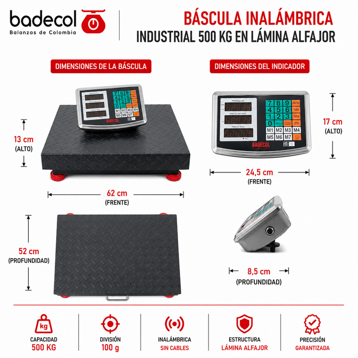 Báscula Inalámbrica Industrial 500KG Badecol,  es ideal para pesar paquetes de tamaño mediano, de mayor uso en el área industrial, dado que por su tamaño y capacidad, favorece el recibo o despacho de mercancía en medianas cantidades o pesos.