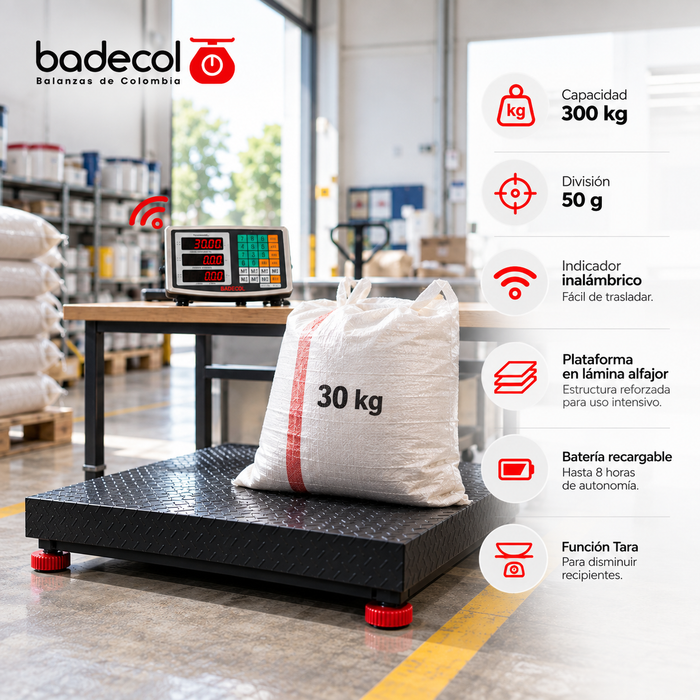 Báscula Inalámbrica Industrial 300KG Badecol,  es ideal para pesar paquetes de tamaño mediano, de mayor uso en el área industrial, dado que por su tamaño y capacidad, favorece el recibo o despacho de mercancía en medianas cantidades o pesos.