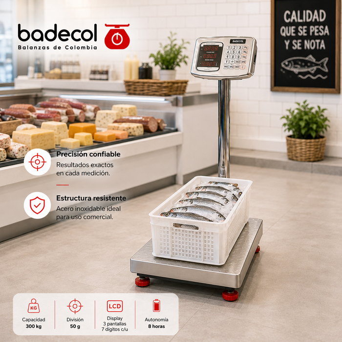 La bascula de piso industrial Badecol, cuenta con estructura reforzada y cubierta en Acero Inoxidable. Su fácil manejo y precisión son características que permiten que esta báscula trabaje en ambientes comerciales e industriales.