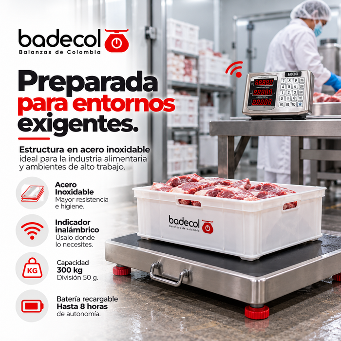 La bascula electrónica inalámbrica badecol es ideal para pesar paquetes de tamaño mediano, de mayor uso en el área industrial, dado que por su tamaño y capacidad, favorece el recibo o despacho de mercancía en medianas cantidades o pesos.