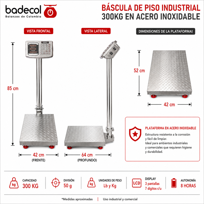 La bascula de piso industrial Badecol, cuenta con estructura reforzada y cubierta en Acero Inoxidable. Su fácil manejo y precisión son características que permiten que esta báscula trabaje en ambientes comerciales e industriales.