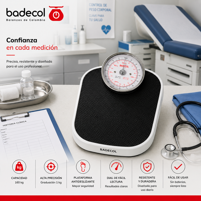 La báscula mecánica pesa persona grado médico DT612 es una solución práctica y resistente para el control de peso corporal en consultorios, IPS, centros de salud, gimnasios, empresas e instituciones.

Su diseño de grado médico la hace ideal para entornos donde se requiere una báscula confiable, fácil de operar y adecuada para uso frecuente. Al funcionar de manera mecánica, no requiere batería ni conexión eléctrica, lo que facilita su uso diario en espacios médicos, deportivos e institucionales.