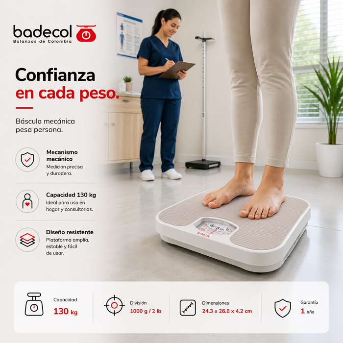 Balanza Bascula pesa persona Badecol BR2016, Las básculas pesa personas analogas de grado medico y de funcionamiento mecánico son una herramienta esencial en todo tipo de entorno médico.