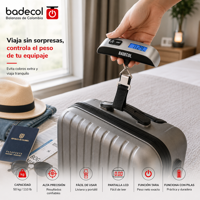 La báscula digital pesa maletas BADECOL 50 kg es una herramienta práctica, portátil y fácil de usar para conocer el peso de tu equipaje antes de viajar. También conocida como pesa maletas digital, báscula para maletas, balanza para equipaje o báscula de viaje, es ideal para viajeros frecuentes, familias, agencias de turismo, hoteles y personas que desean evitar sorpresas por exceso de peso en aeropuertos.