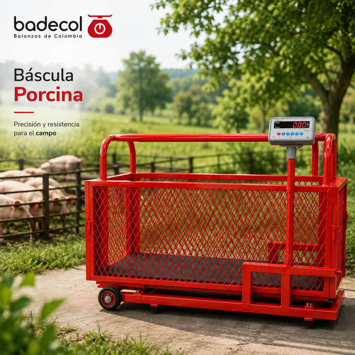 La Báscula Porcina electrónica marca Badecol, esta diseñada para que su uso sea de fácil manipulación y transporte; la bascula esta sobre un sistema de ruedas y manijas tipo carretilla. Fabricada en estructura tubular, con corral en malla metálica y piso de rejilla platico antideslizante.