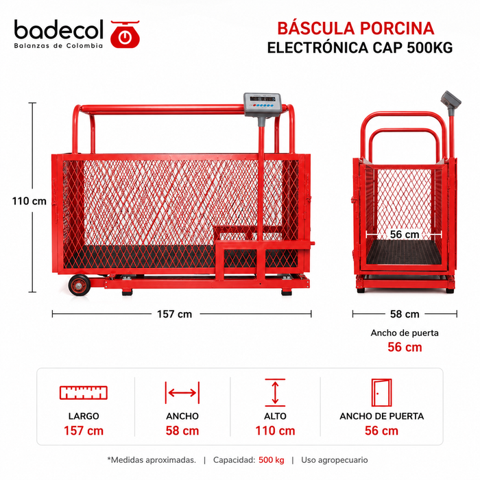 La Báscula Porcina electrónica marca Badecol, esta diseñada para que su uso sea de fácil manipulación y transporte; la bascula esta sobre un sistema de ruedas y manijas tipo carretilla. Fabricada en estructura tubular, con corral en malla metálica y piso de rejilla platico antideslizante.