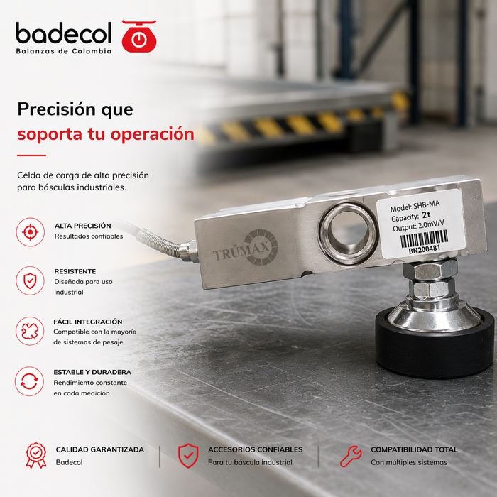 La celda de carga SHB-Trumax;es ideal para plataformas de bajo perfil, con capacidades desde 200kg hasta 5000kg. Fabricada en acero con protección IP67, ofrece sensibilidad de 2mV/V y 3mV/V. Precisión clase C3, con impedancias de 385 ohm entrada y 350 ohm salida. Perfecta para entornos industriales.
