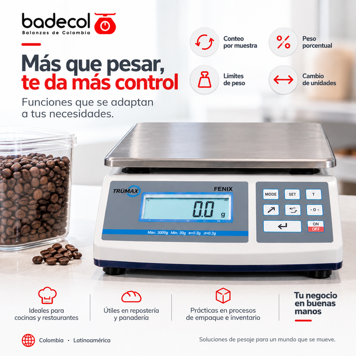 Balanza de Mesa Electrónica Solo Peso FENIX. cambio de unidades entre gramos y libras, peso porcentual, conteo de piezas por muestra, límites de peso.