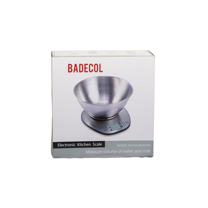 Balanza Gramera Digital Badecol CAP 5KG EK-4350, esta construida en acero inoxidable con bowl removible, pantalla LCD de fácil lectura, ideal para personas o negocios