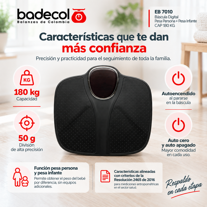 Bascula Balanza Badecol que Por su modelo, capacidad y facilidad de manejo, este modelo es uno de los más atractivos para Pesar a la madres y sus infantes o bebes en consultorios, hospitales, centros médicos, entre otras entidades de salud. Ideal para Seguimiento de peso para personas. Fácil de usar. Fácil de transportar gracias a su peso y material de fabricación en plástico, especialmente diseñada para uso médico o del hogar.