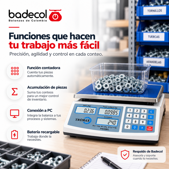 Bascula Balanza de mesa de alta precisión y alta resistencia , cuenta con  Acumulación de piezas, cálculo de peso promedio unitario de las piezas.