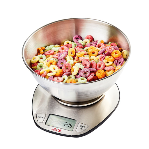 Balanza Gramera Digital Badecol CAP 5KG EK-4350, esta construida en acero inoxidable con bowl removible, pantalla LCD de fácil lectura, ideal para personas o negocios.