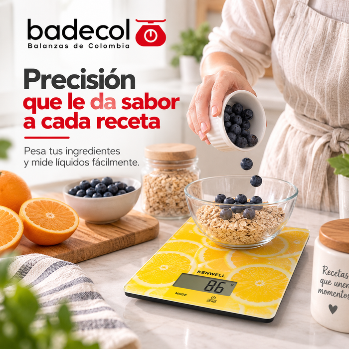 Bascula Balanza Gramera de cocina Badecol medidora de volumen de agua y leche, en vidrio templado  de 4 mm.
