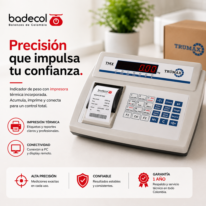 El indicador de peso con impresora térmica incorporada te brinda la función de acumulación de pesadas, te brinda la opción de imprimir manualmente o de manera automática, tiene conexión a PC y display remoto simultanea.