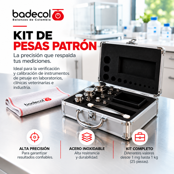 Pesas patrón clase M1 de precisión media o de trabajo, destinadas para la verificación o calibración instrumentos de pesaje. Certificables, fabricadas en acero inoxidable con acabado brillo espejo, de diseño cilíndrico, con cavidad de ajuste y alta resistencia a la corrosión.