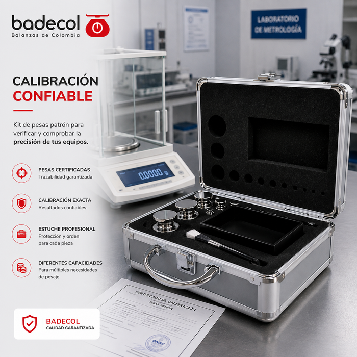 Pesas para calibrar balanzas de clase M1, diseñadas para la verificación y calibración de instrumentos de pesaje con precisión media o de trabajo. Fabricadas en acero inoxidable con acabado brillo espejo, estas pesas cilíndricas cuentan con cavidad de ajuste y ofrecen alta resistencia a la corrosión. Certificables y perfectas para asegurar la precisión y fiabilidad de tus balanzas en cada medición.